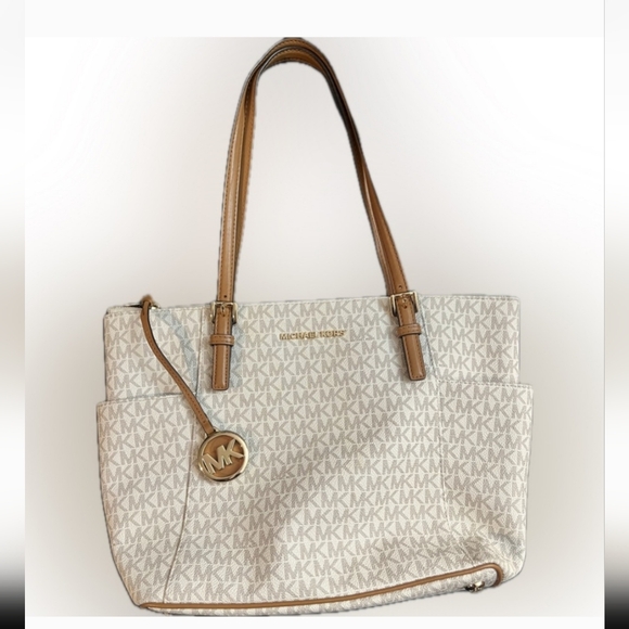 Michael Kors Jet Set Logo Top-Zip Tote Bag Cream & Brown EUC - Picture 3 of 10